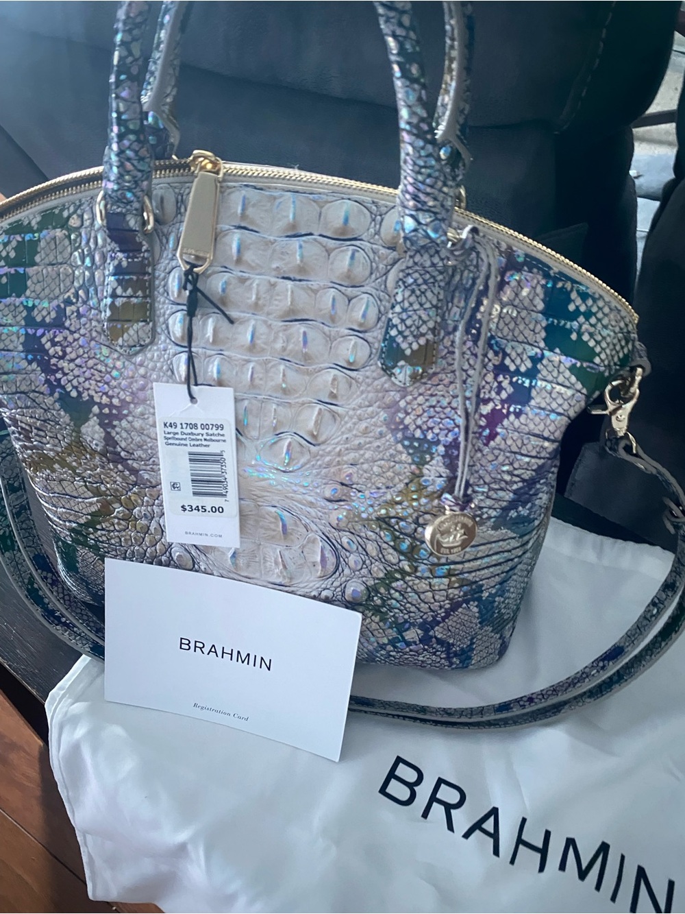 Brahmin Iridescent Croc-Embossed Satchel in Pearl, Teal & Purple